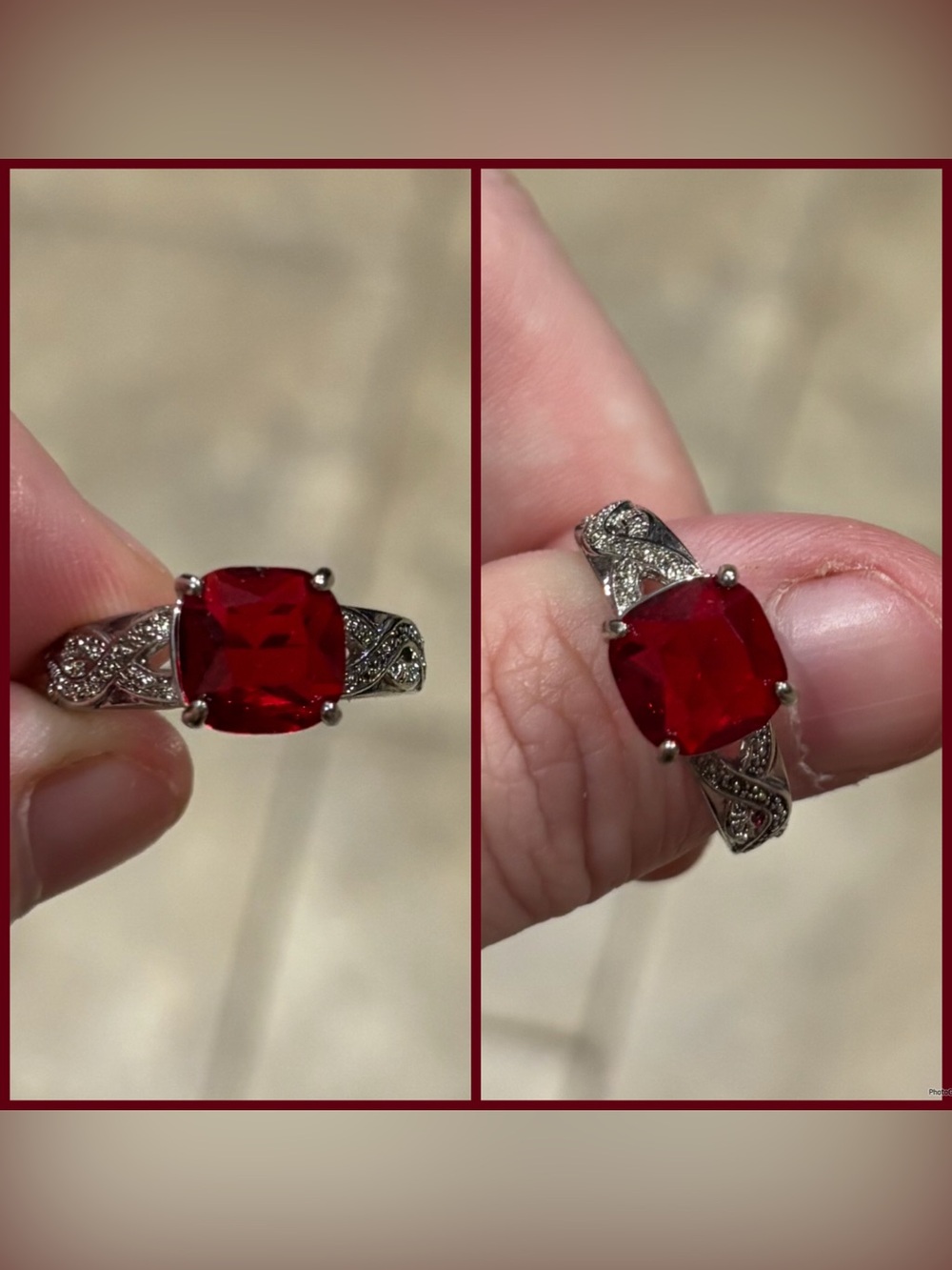 Vintage-Inspired Silver Ring with Deep Red Cushion Gem Adjustable 6-10 Ring 💍